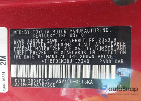2011 Toyota Camry Se from USA, damaged, VIN 4T1BF3EK2BU137340